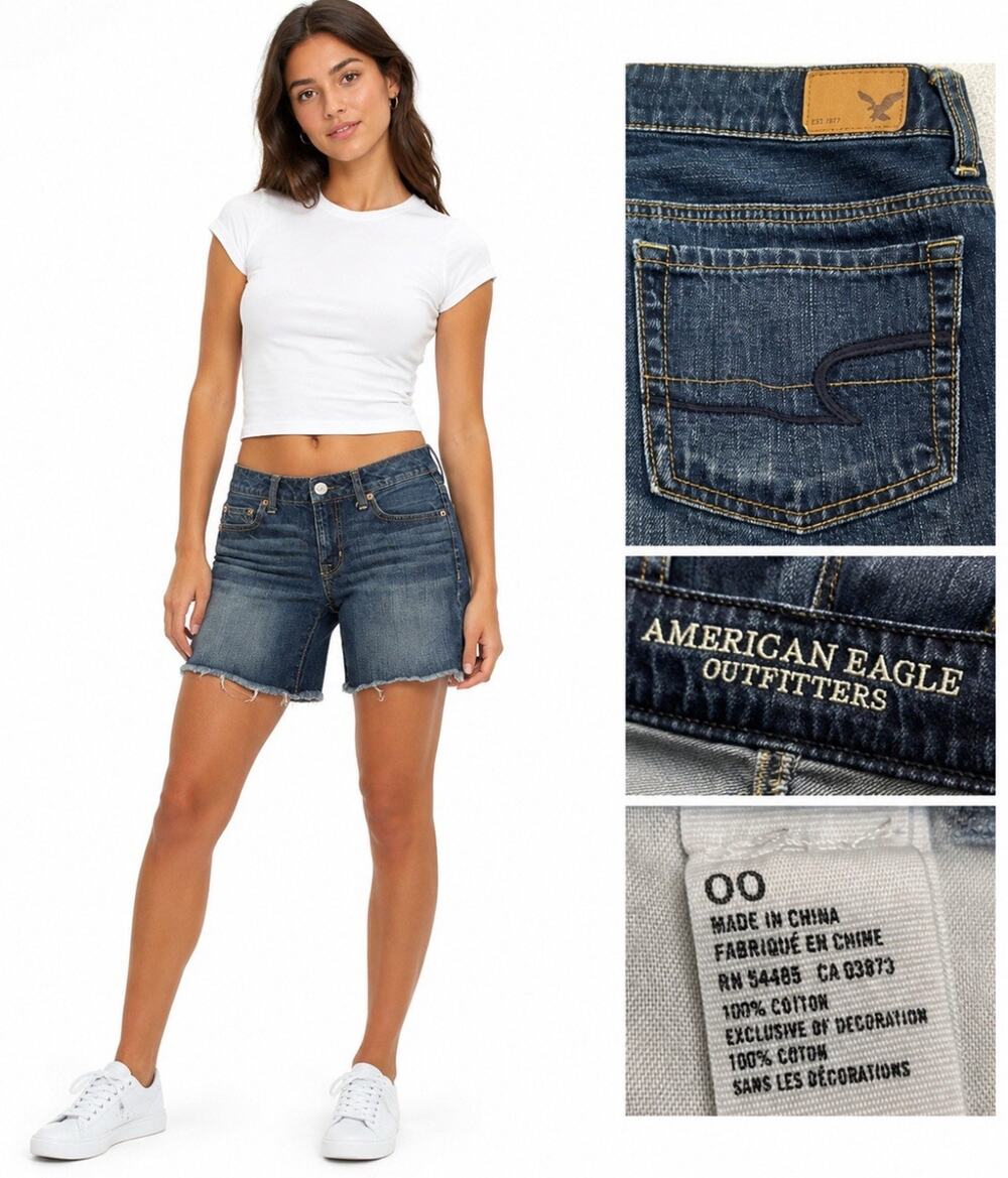 Y2K Indie American Eagle Cutoff Denim Shorts 00 Dark Wash Indigo Distressed 00s